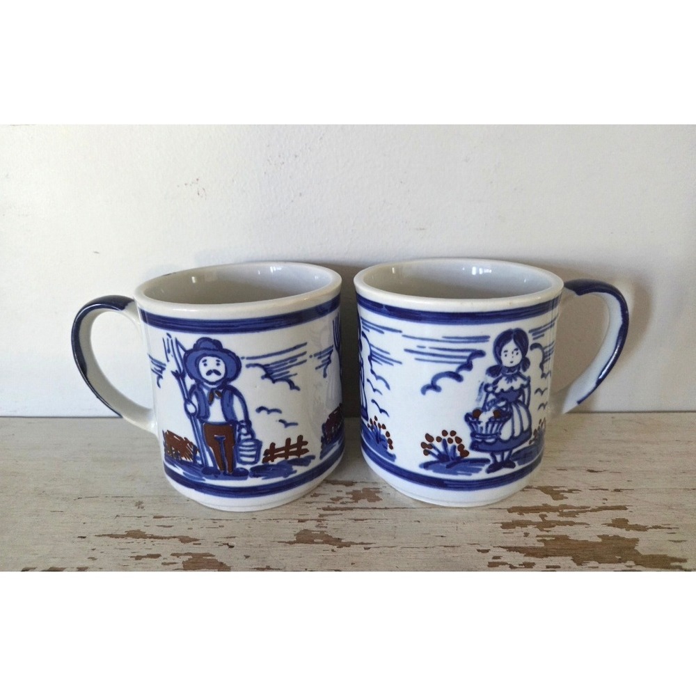 Vintage Blue White Folk Art Ceramic Mugs Set of 2 Farmhouse Country Style